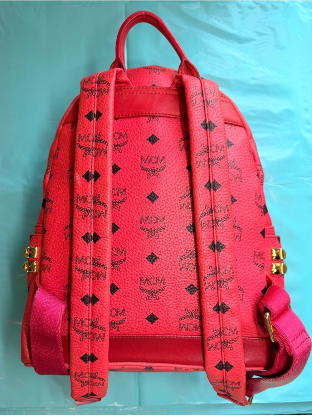 MCM Red Logo-Print Leather Backpack with Gold Hardware - Picture 2 of 7